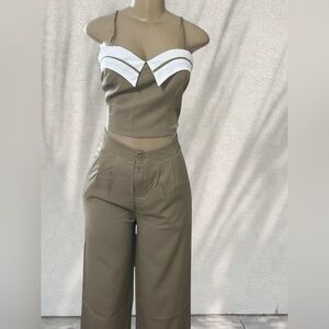 Beige Two-Piece Set | Corset-Style Top & Wide-Leg Pants